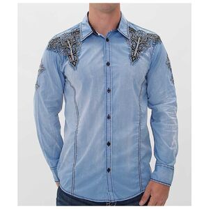 Roar Button Up Aqua Shirt Sz XL Blue Brush Wash Stretch Embroidered Long Sleeve